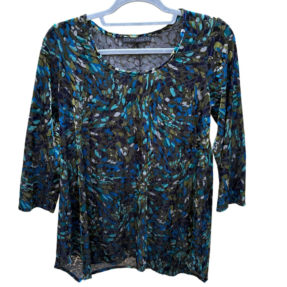 Womens Medium‎ Blouse Blue Green Abstract Burnout Velvet 3/4 Sleeve Art to Wear